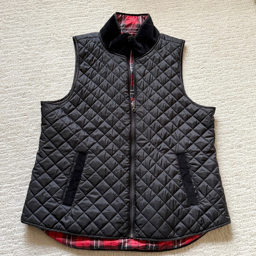 Bass Reversible Quilted Vest XL Black Diamond Plaid Red Full Zip Pockets Classic